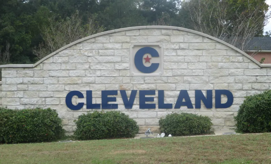 Cleveland, Texas city welcome sign on a stone monument