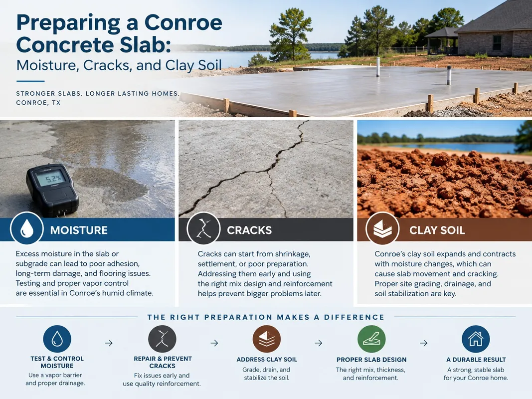 Infographic showing concrete slab moisture testing, crack repair, and clay-soil prep in Conroe, Texas