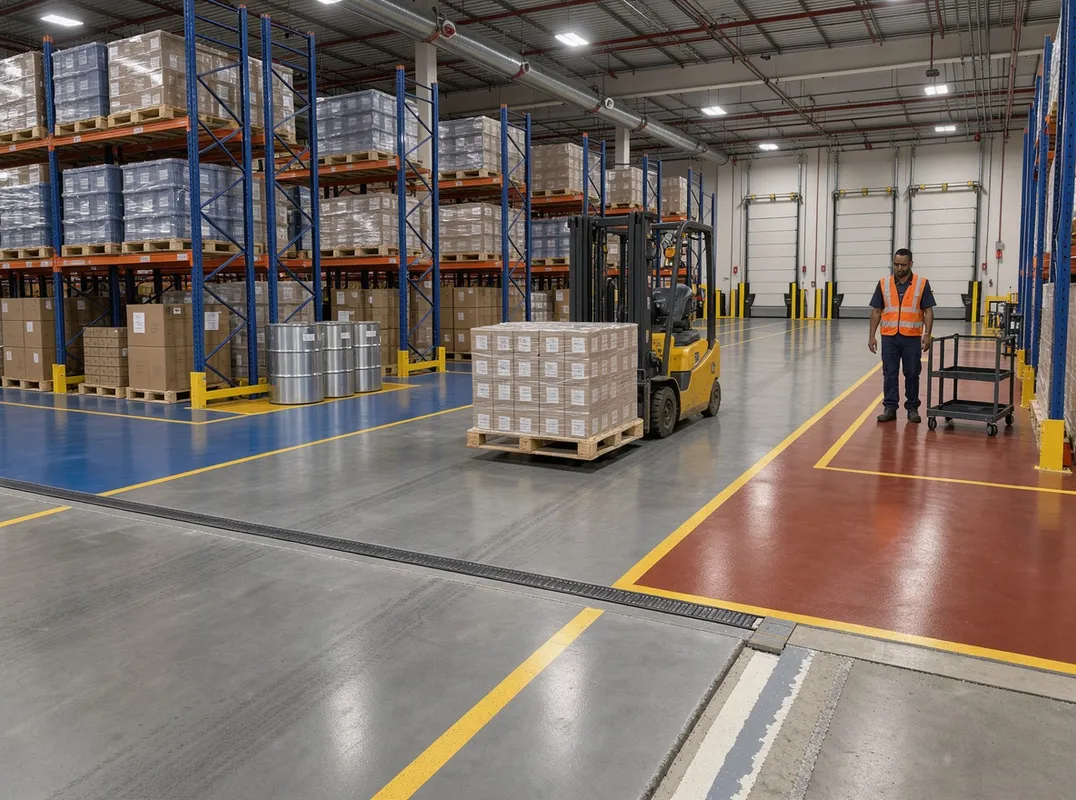 Coated warehouse floor in Conroe, Texas with racking, a forklift, and yellow safety line marking