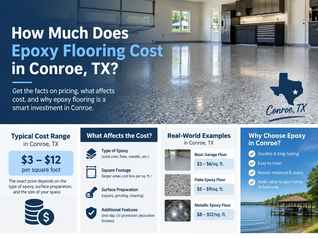 Infographic breaking down epoxy flooring cost per square foot in Conroe, Texas