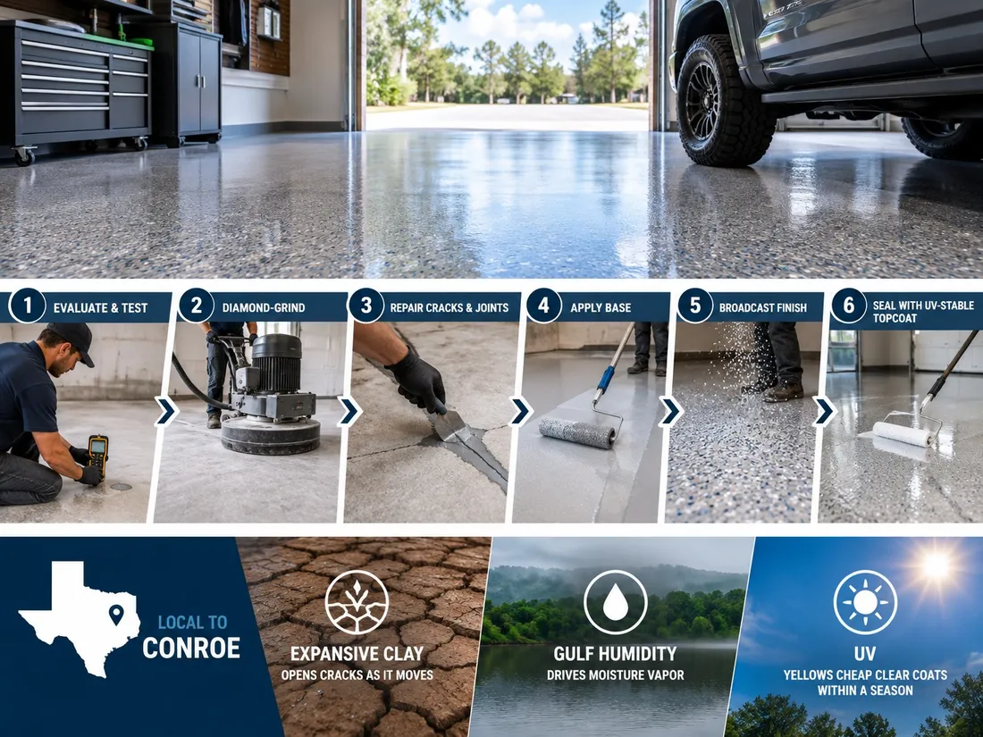 Infographic of the six-step floor coating process, from slab testing and diamond grinding to a UV-stable topcoat