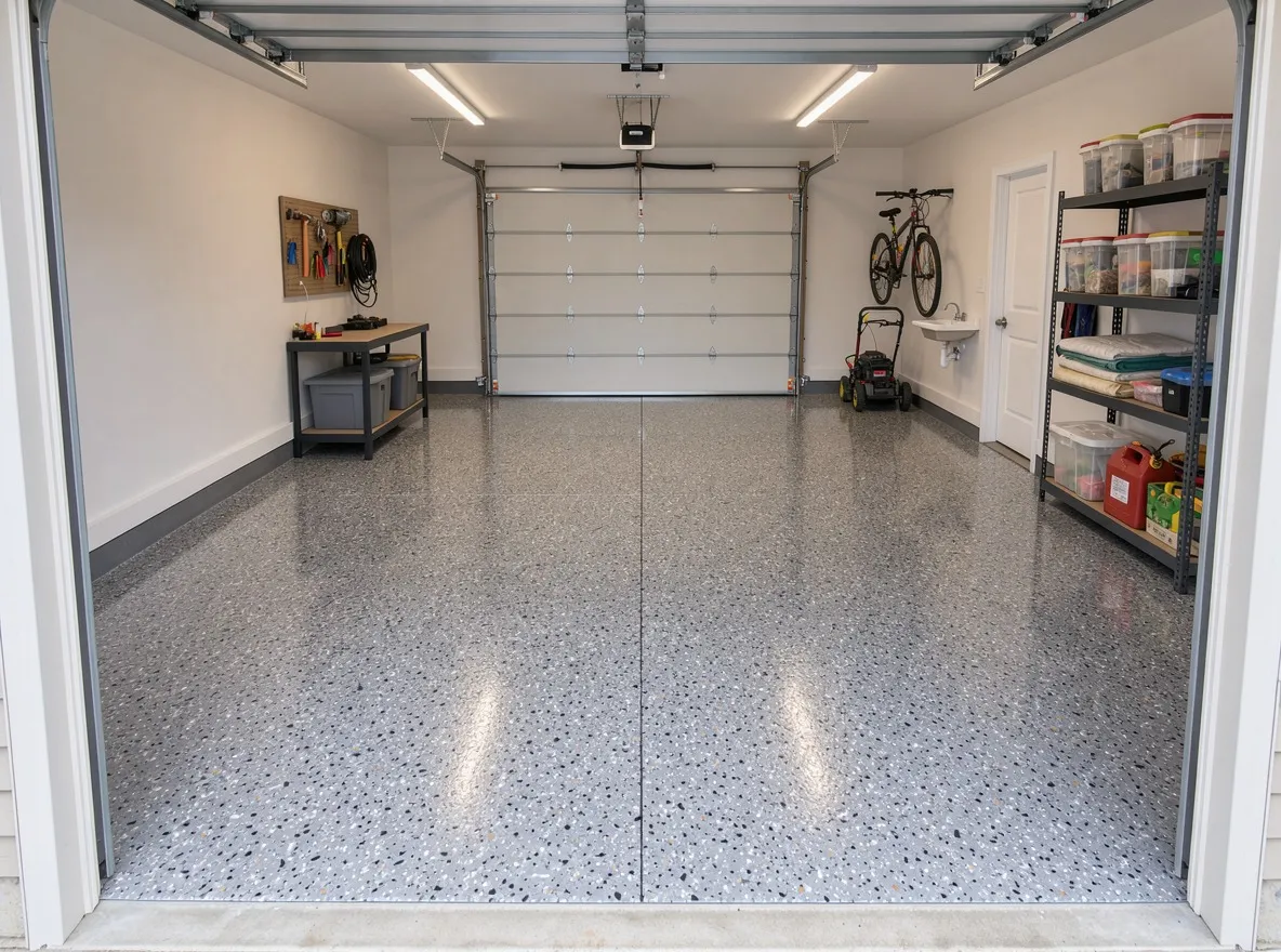 Finished flake epoxy floor coating inside a Conroe, Texas garage