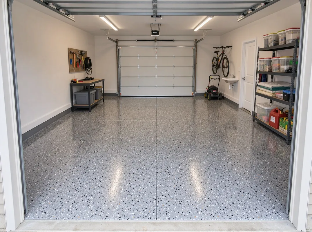 Freshly coated two-car garage floor in Conroe, Texas with a full flake broadcast finish