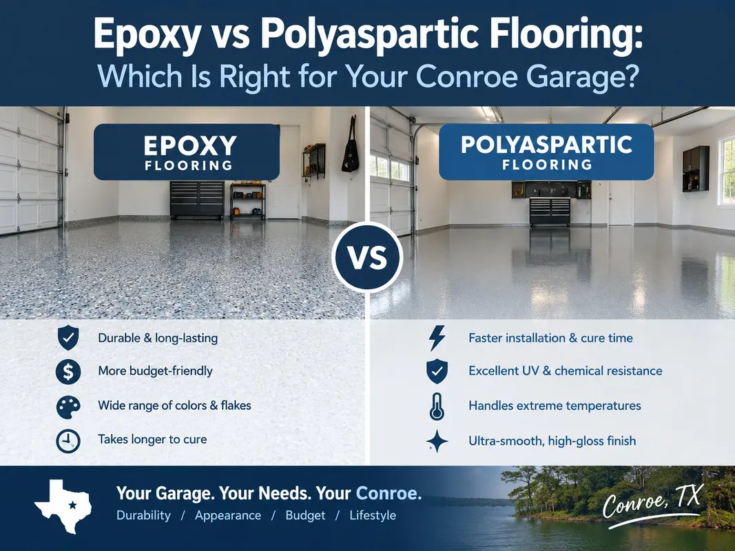 Side-by-side comparison of an epoxy and a polyaspartic garage floor in Conroe, Texas