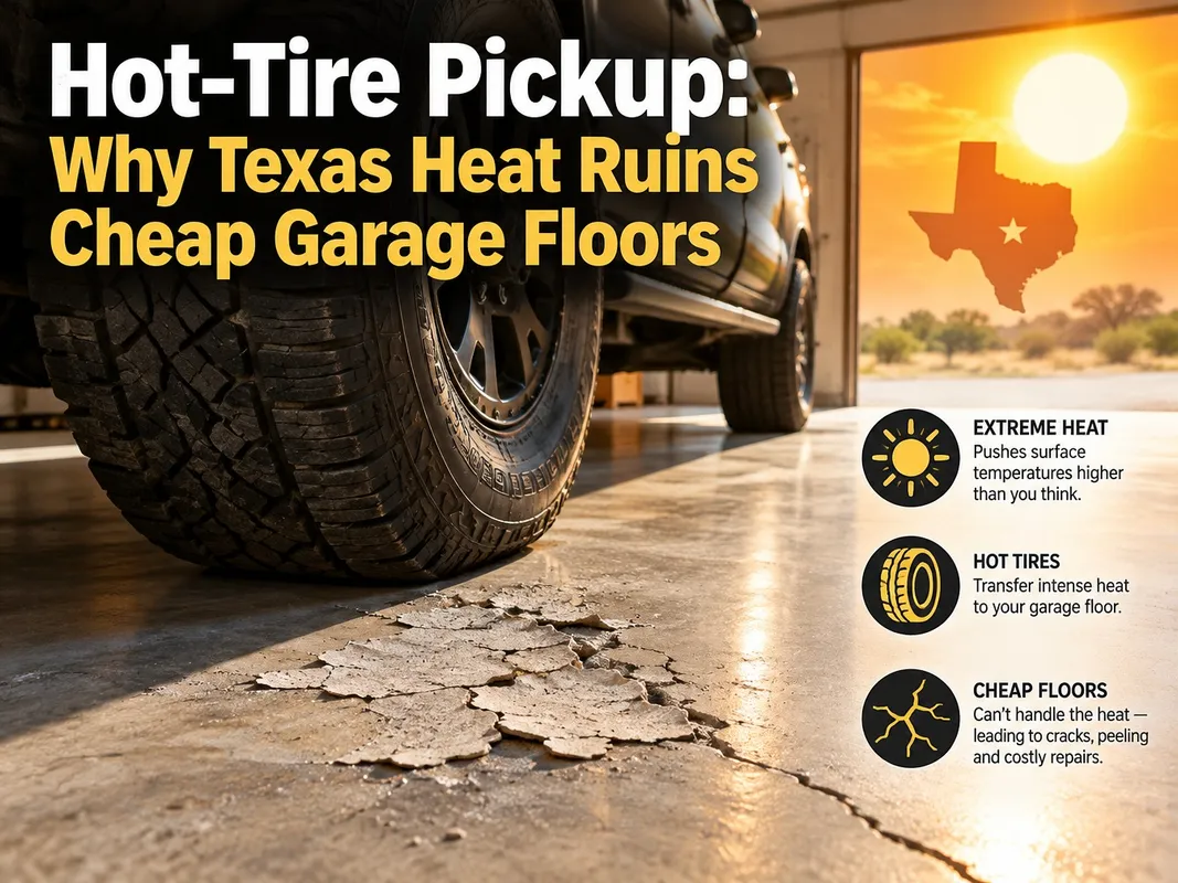 Infographic on hot-tire pickup: a truck tire lifting a peeling garage floor coating in Texas heat