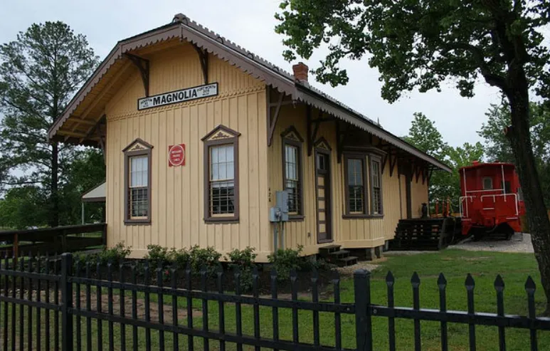 Historic train depot building in Magnolia, Texas