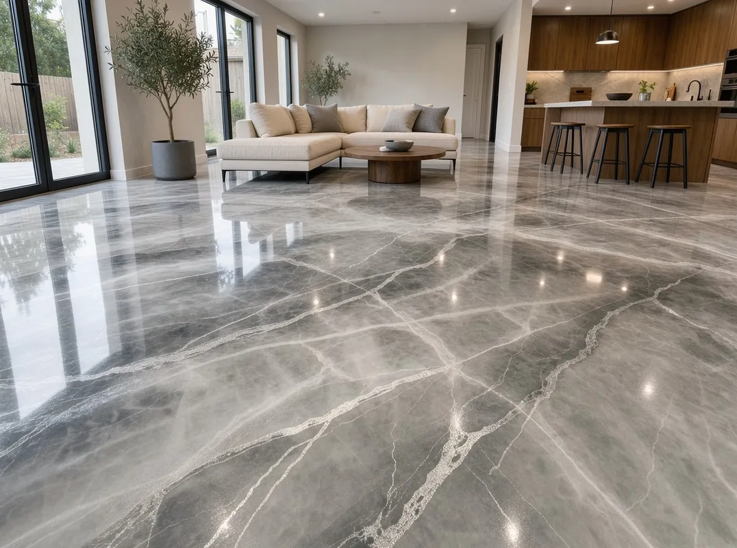 Metallic epoxy floor with grey marble veining across an open living space