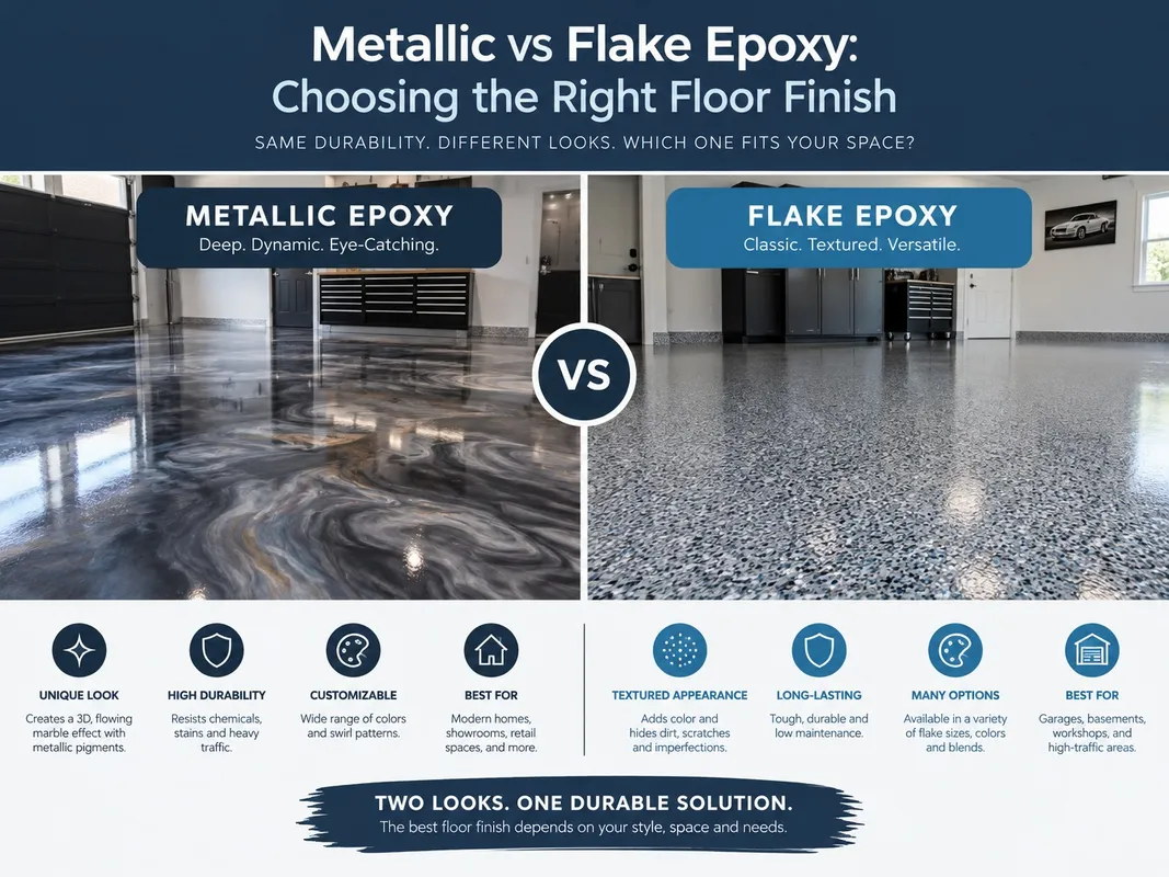 Split comparison of metallic and flake epoxy garage floor finishes