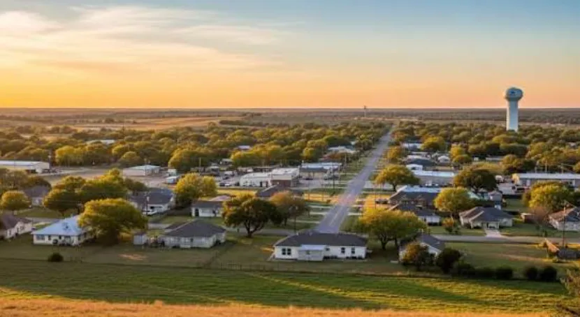 Aerial view of New Caney, Texas and its water tower at sunset