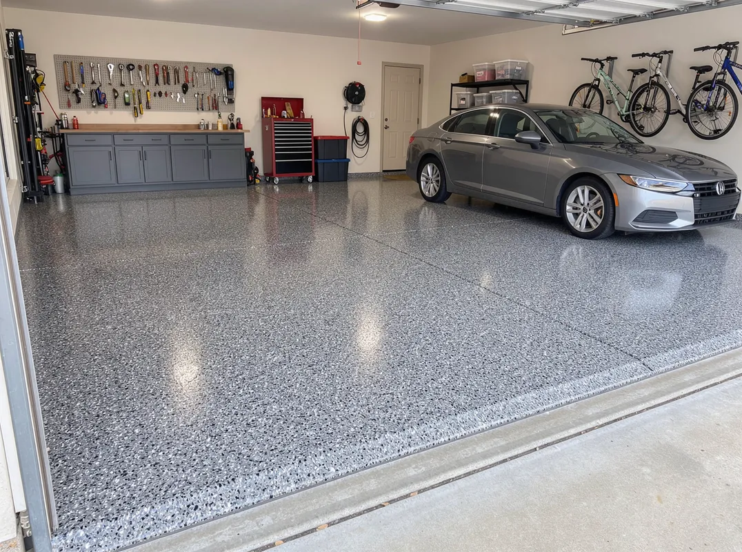 Glossy polyaspartic coated garage floor in Conroe, Texas reflecting overhead light